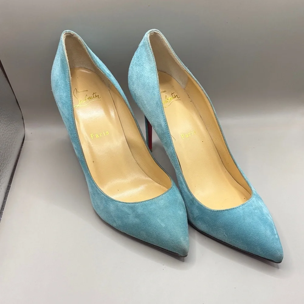 Christian Louboutin Turquoise Suede Heels - Picture 2 of 3
